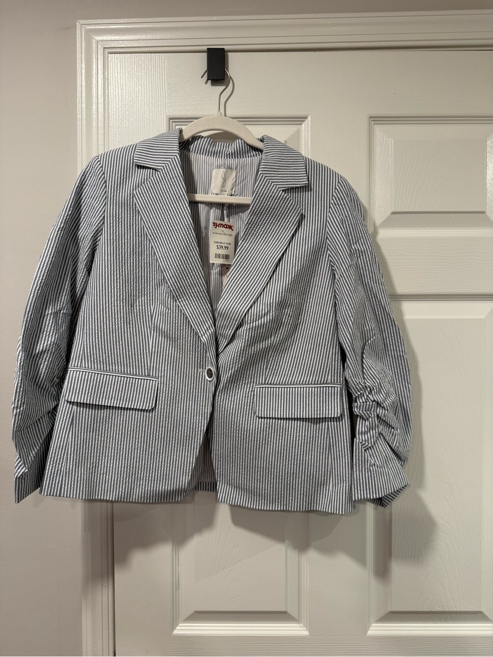 Joie Blue and White Seersucker Striped Blazer